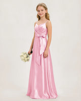 Pink Satin A-line Junior Bridesmaid Dress Front View