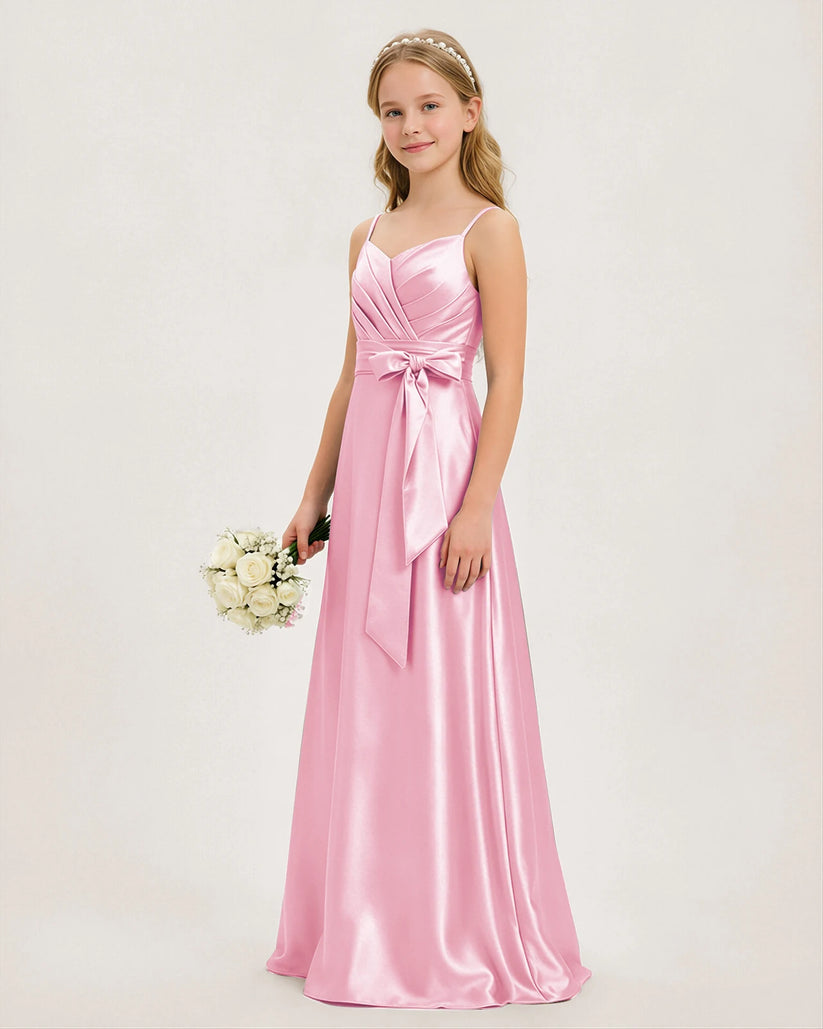 Pink Satin A-line Junior Bridesmaid Dress Front View