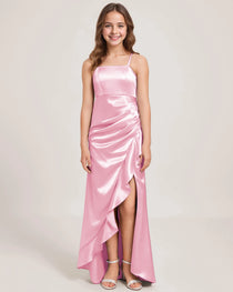 Dideyttawl Girls Formal Dress with Slit Ruffles Satin  Formal Gowns for Girls