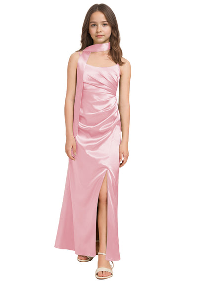 dideyttawl Satin Junior Bridesmaid Dress with Scarf for Girls 4-16 Silk Flower Girl Dress 2527