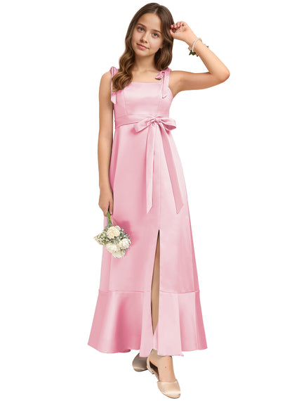 dideyttawl Junior Bridesmaid Dresses for Teens Silk Satin Adjustable Straps Flower Girl Dress with Slit 2529