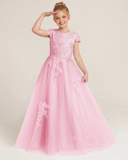Dideyttawl Flower Girl Dress Lace Applique Cap Sleeves Princess Ball Gown