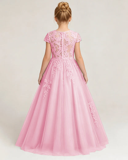 Back Pink Lace Flower Girls Dress