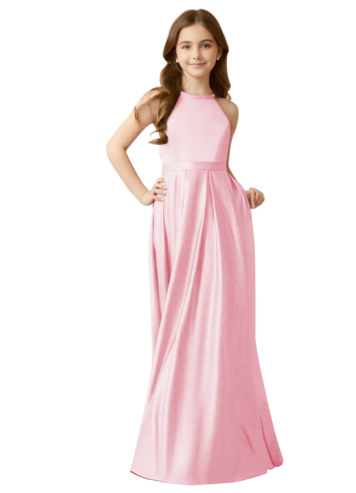 dideyttawl A-Line Junior Bridesmaid Dresses Halter Flower Girls Dress Satin Adjustable Straps Formal Gown 2532