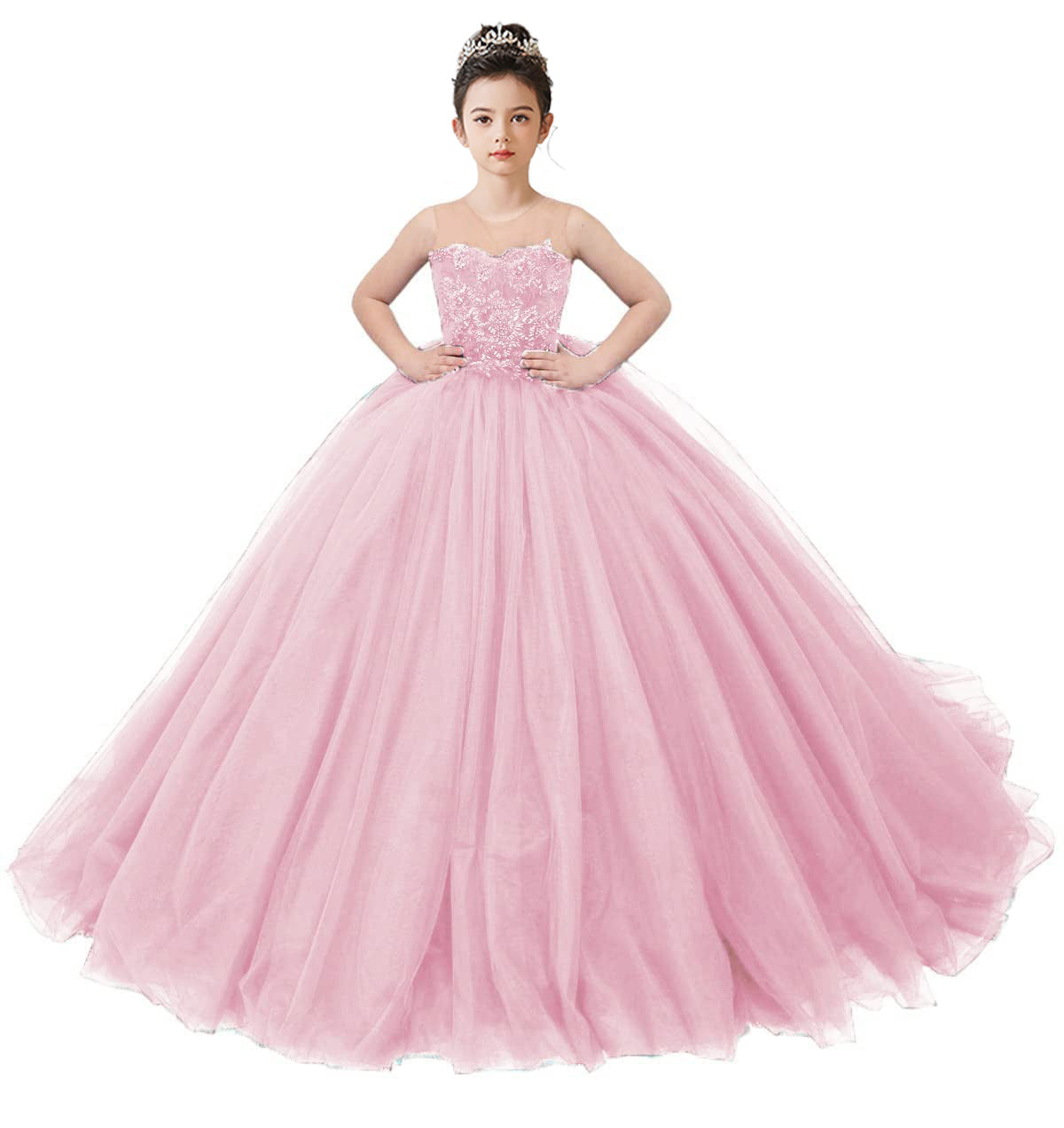 2025 Spring Embroidery Lace Appliqued Tulle Flower Girls Dress Wedding Guest Dress Puffy Princess Dress Strapless Full Length Pageant Dress