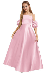 Dideyttawl Cold Shoulder Junior Bridesmaid Dress Satin Girls Pageant Gown 2525