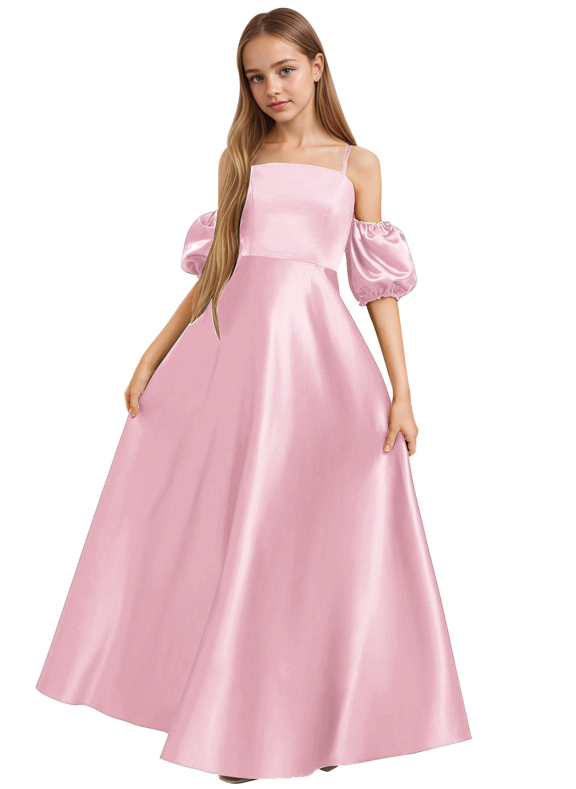 Dideyttawl Cold Shoulder Junior Bridesmaid Dress Satin Girls Pageant Gown 2525