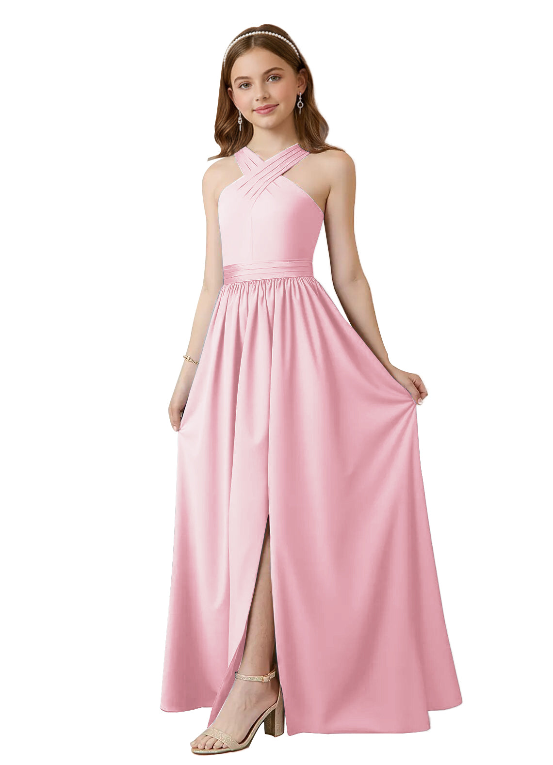 dideyttawl Junior Bridesmaid Dresses for Teen Girls Satin Halter A-Line Flower Girl Dress for Wedding 2531