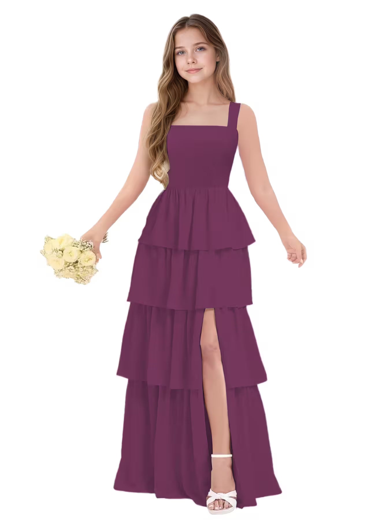 Dideyttawl Dusty Rose Junior Bridesmaid Dress Tiered Ruffle Floor Length Dress