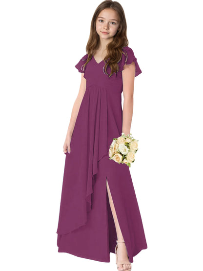 Dideyttawl Chiffon Junior Bridesmaid Dresses Ruffle Sleeves Party Gown 2506