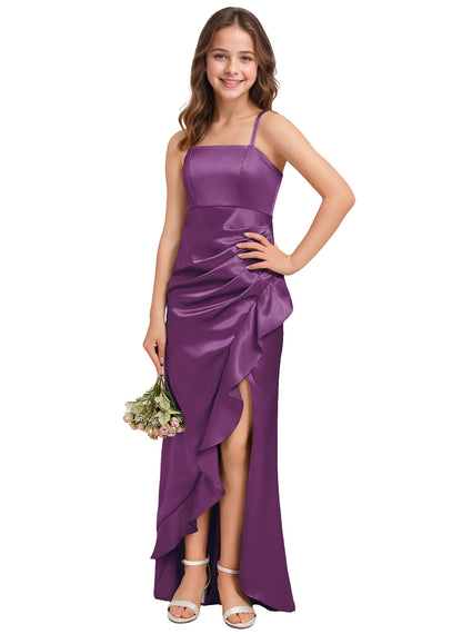 dideyttawl Sheath Junior Bridesmaid Dress with Slit Square Neck Ruffles Stretch Satin Flower Girl Dress Sleeveless Formal Special Occasion Dress for Wedding 2521