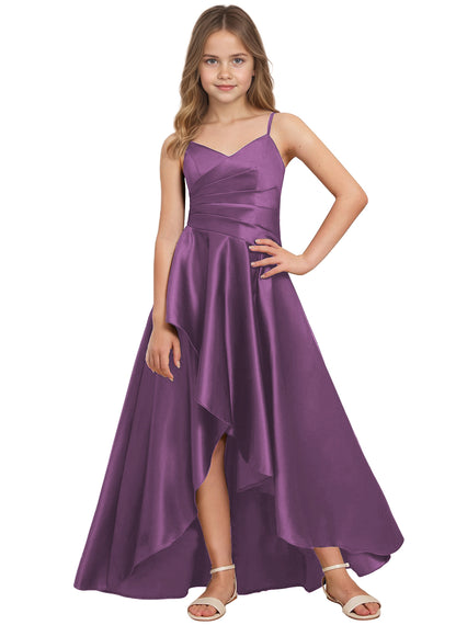 dideyttawl High Low Junior Bridesmaid Dress V-Neck Silk Satin Flower Girl Dress Sleeveless Formal Special Occasion Dress for Wedding 2523