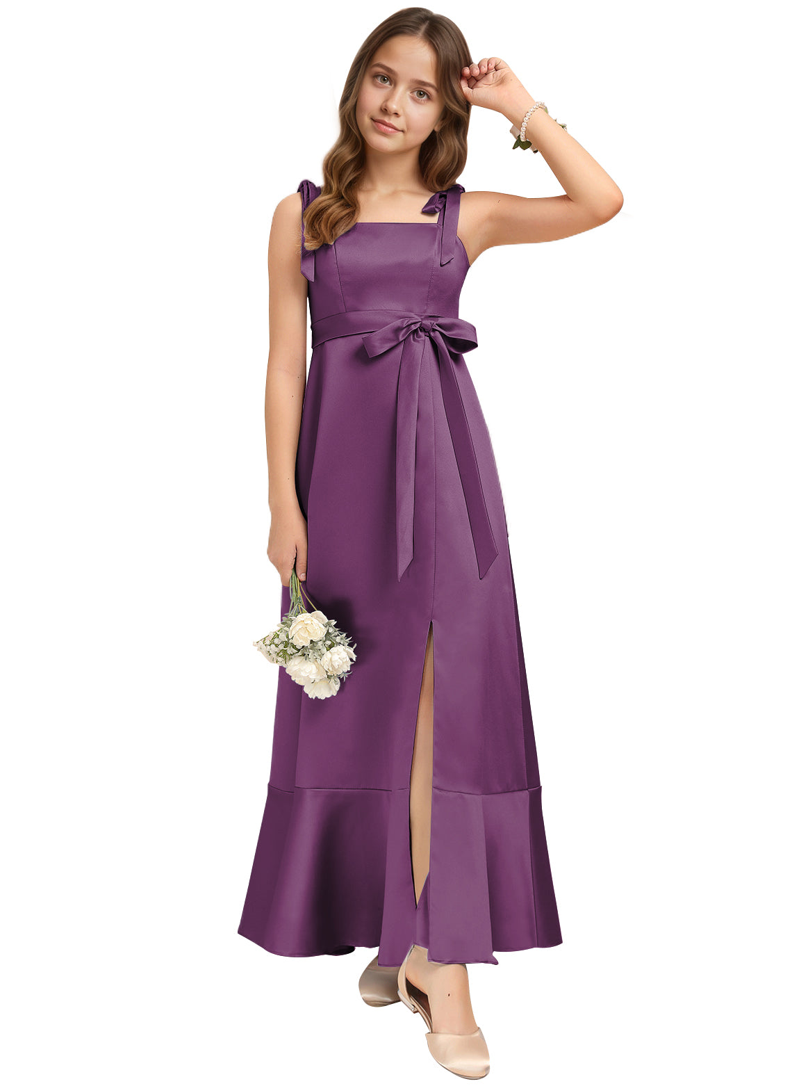 dideyttawl Junior Bridesmaid Dresses for Teens Silk Satin Adjustable Straps Flower Girl Dress with Slit 2529
