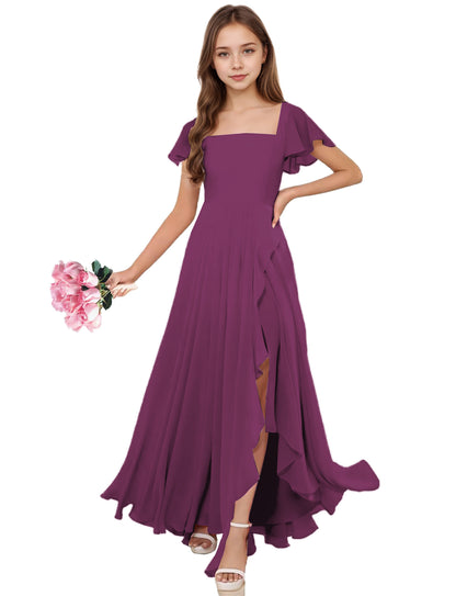 dideyttawl Junior Bridesmaid Dresses Ruffle Sleeve Square Neck Chiffon A-Line Flower Girl Dress with Slit 2508