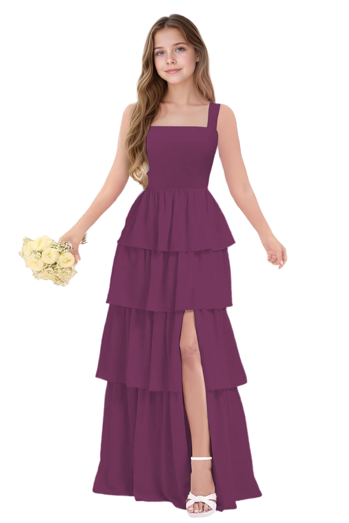 dideyttawl Junior Bridesmaid Dress Spaghetti Strap Square Neck Layered Chiffon A-Line Flower Girl Dress with Slit 2509