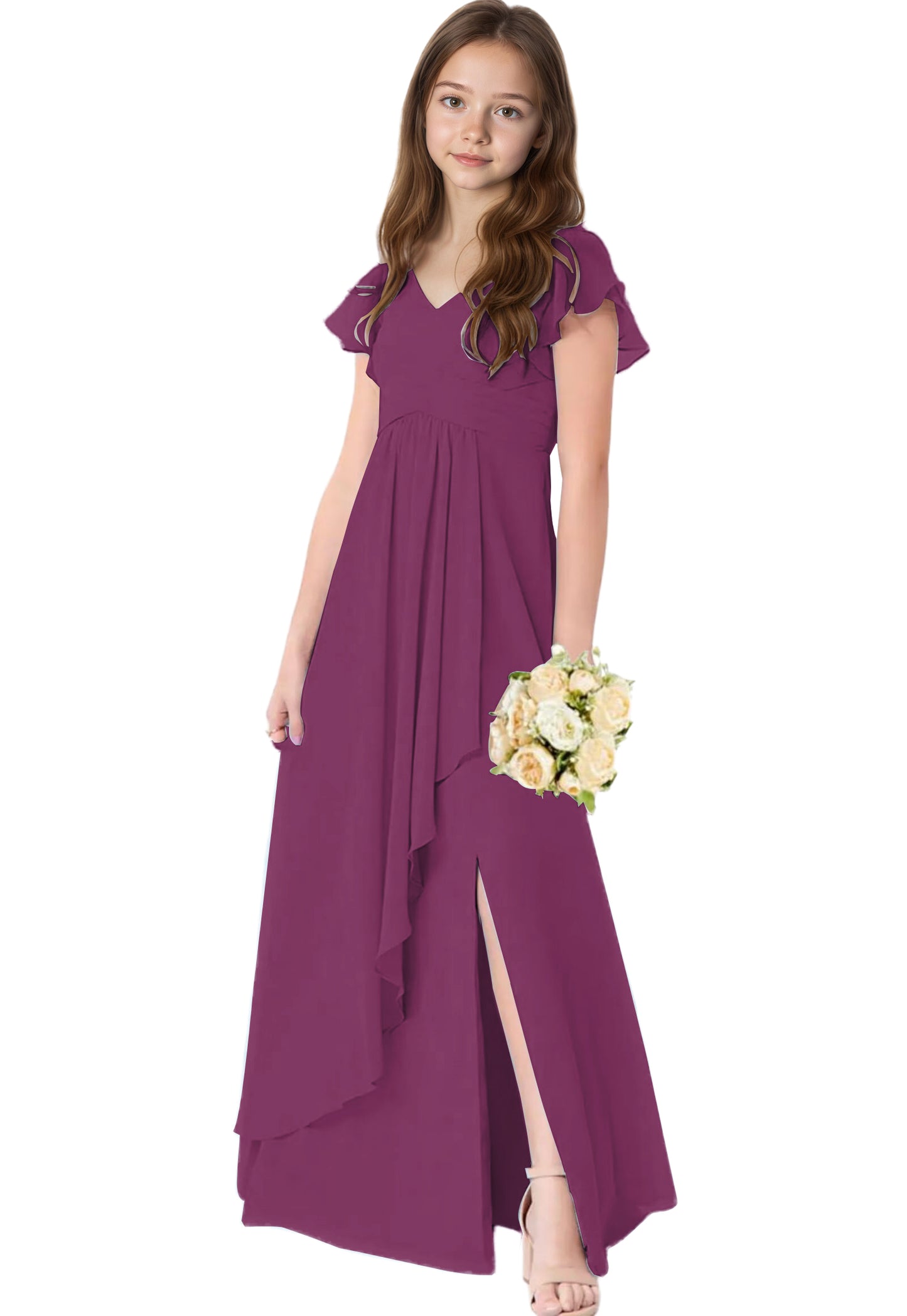 dideyttawl Chiffon Junior Bridesmaid Dresses V Neck Ruffle Sleeves Chiffon Pleated Flowy Flower Girls Dress or 4-16 2506