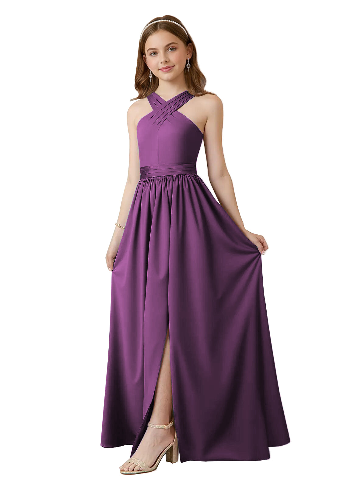 dideyttawl Junior Bridesmaid Dresses for Teen Girls Satin Halter A-Line Flower Girl Dress for Wedding 2531