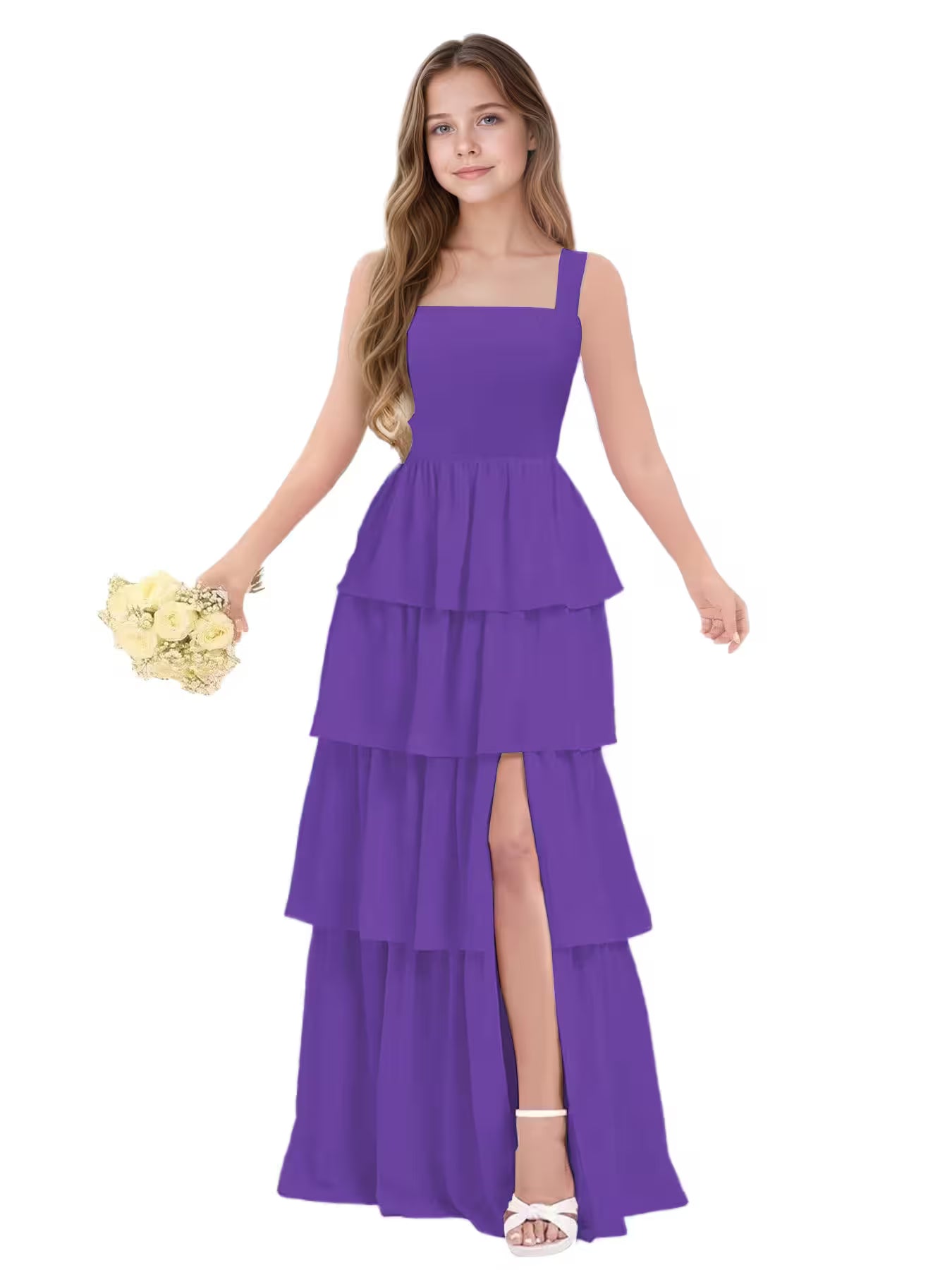 Dideyttawl Dusty Rose Junior Bridesmaid Dress Tiered Ruffle Floor Length Dress
