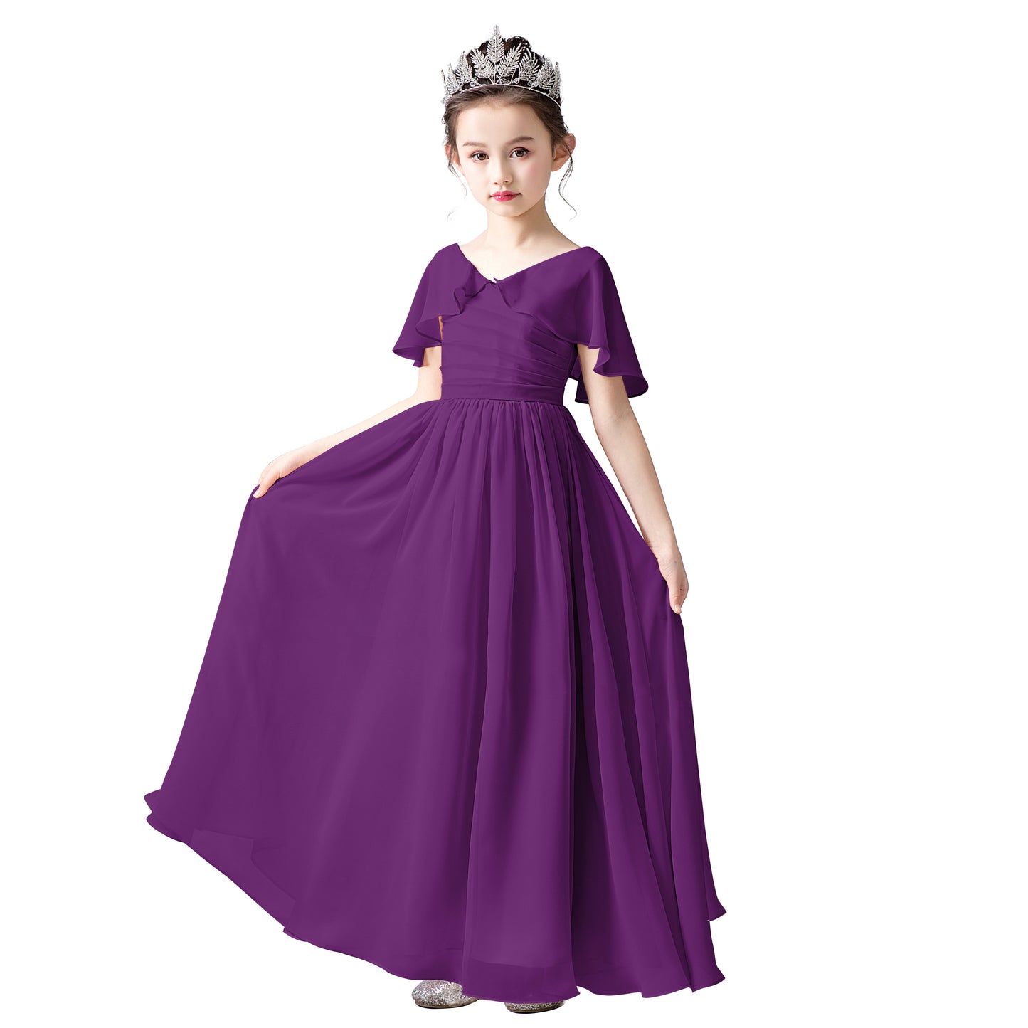 Chiffon Flower Girls Dress Cap Sleeves Junior Bridesmaid Dress for Girls 4-16 Special Occasion Dress for Wedding