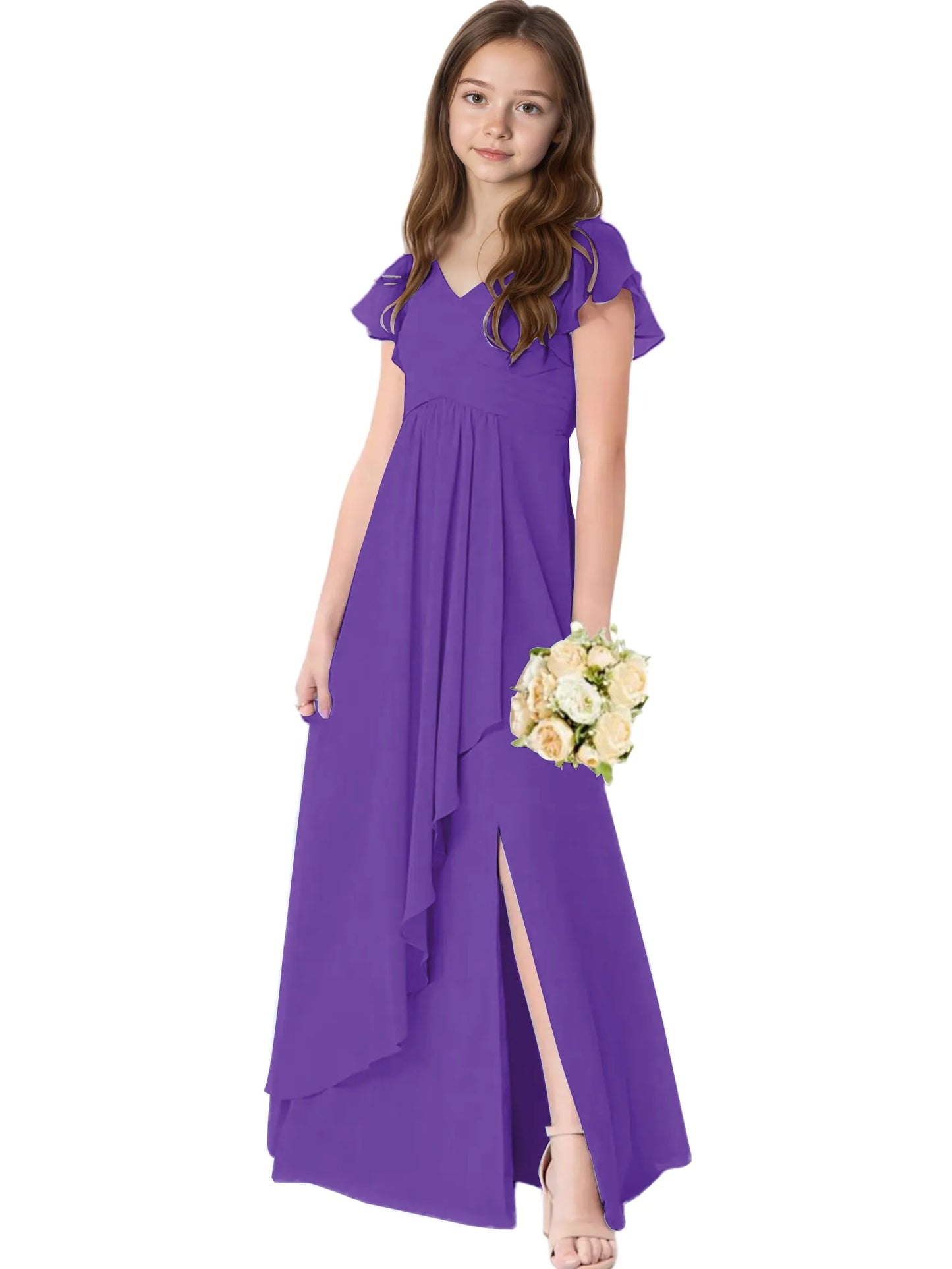 Dideyttawl Chiffon Junior Bridesmaid Dresses Ruffle Sleeves Party Gown 2506