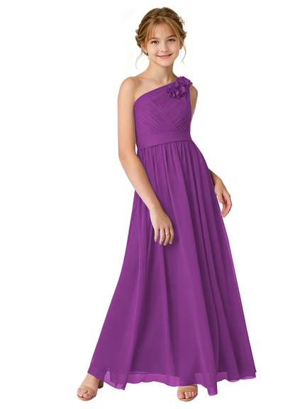 dideyttawl One Shoulder Pleated Junior Bridesmaid Dresses for Wedding A-Line Chiffon 3D Flower Girls Formal Party Dress 2604