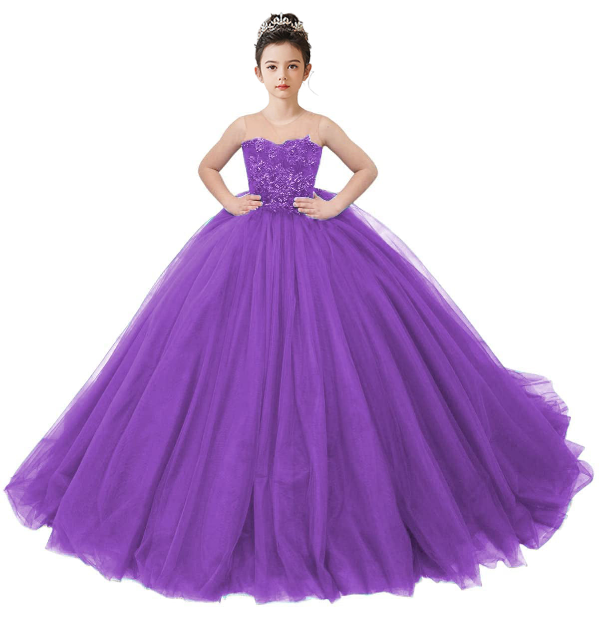 2025 Spring Embroidery Lace Appliqued Tulle Flower Girls Dress Wedding Guest Dress Puffy Princess Dress Strapless Full Length Pageant Dress
