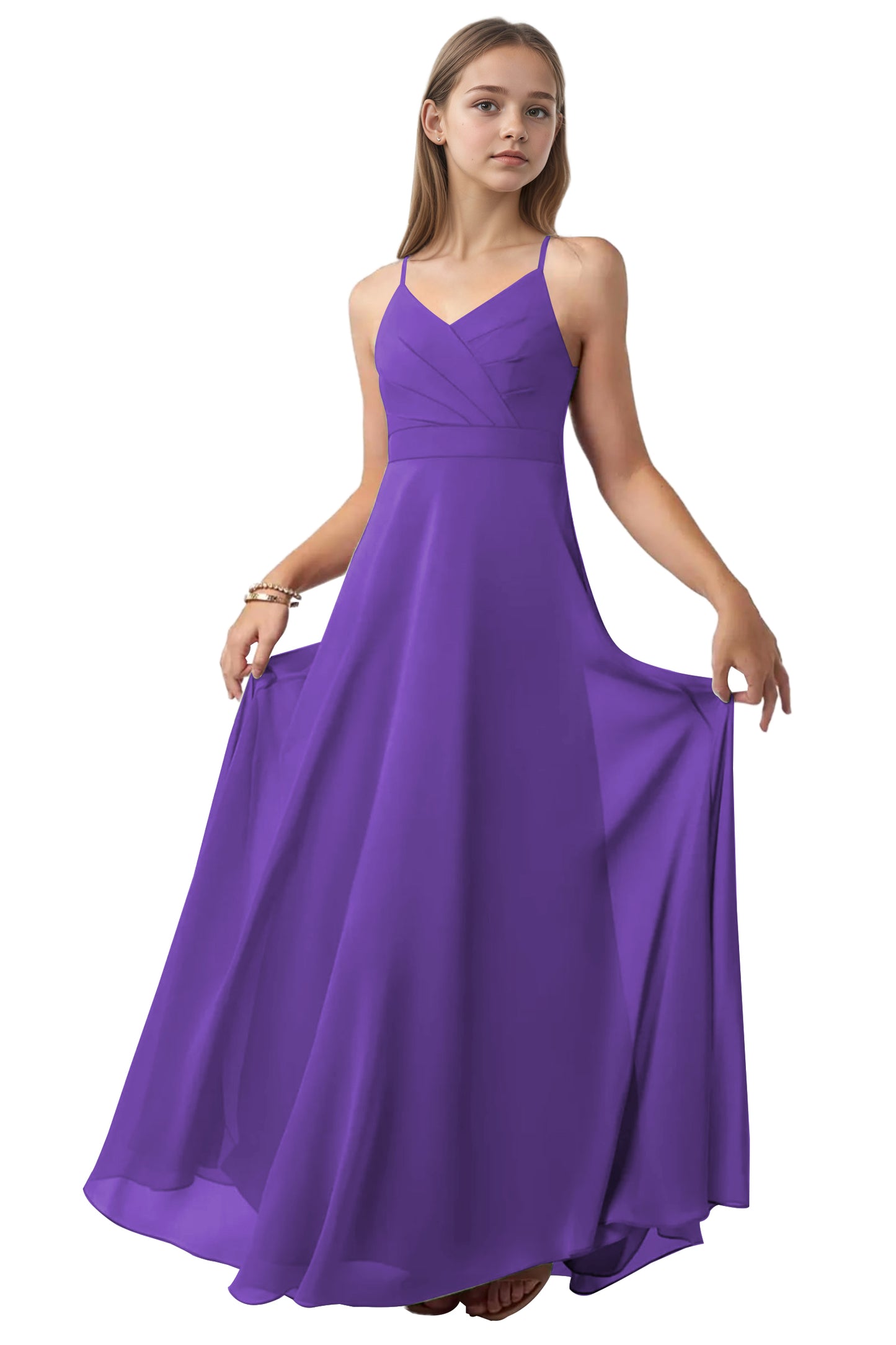 dideyttawl V-Neck Junior Bridesmaid Dress Spaghetti Straps Pleated Chiffon A-Line Flower Girl Dress 2510