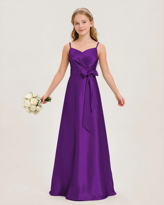 Purple Satin A-line Junior Bridesmaid Dress Front View