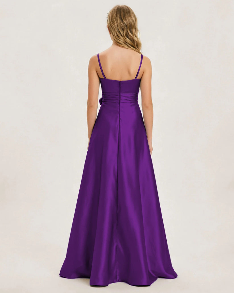 Purple Satin A-line Junior Bridesmaid Dress Back View