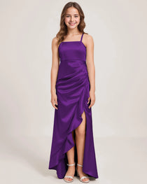 Dideyttawl Girls Formal Dress with Slit Ruffles Satin  Formal Gowns for Girls