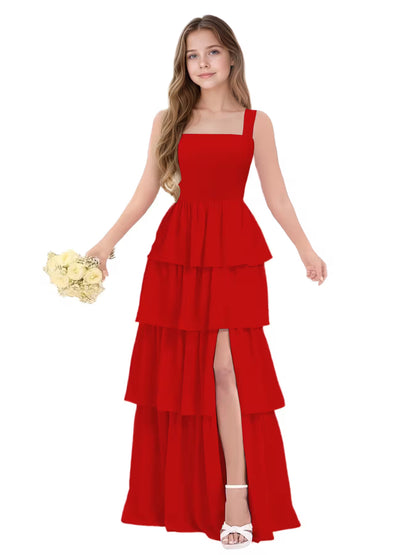 Dideyttawl Dusty Rose Junior Bridesmaid Dress Tiered Ruffle Floor Length Dress