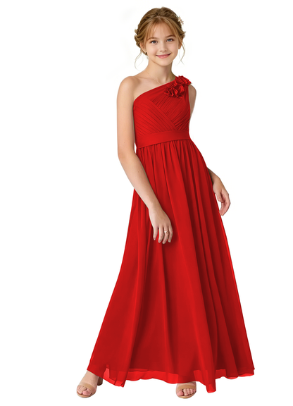 dideyttawl One Shoulder Pleated Junior Bridesmaid Dresses for Wedding A-Line Chiffon 3D Flower Girls Formal Party Dress 2604