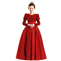 Dideyttawl Velvet Girls Formal Dress Long Sleeves Satin Flower Girl Dress 2541