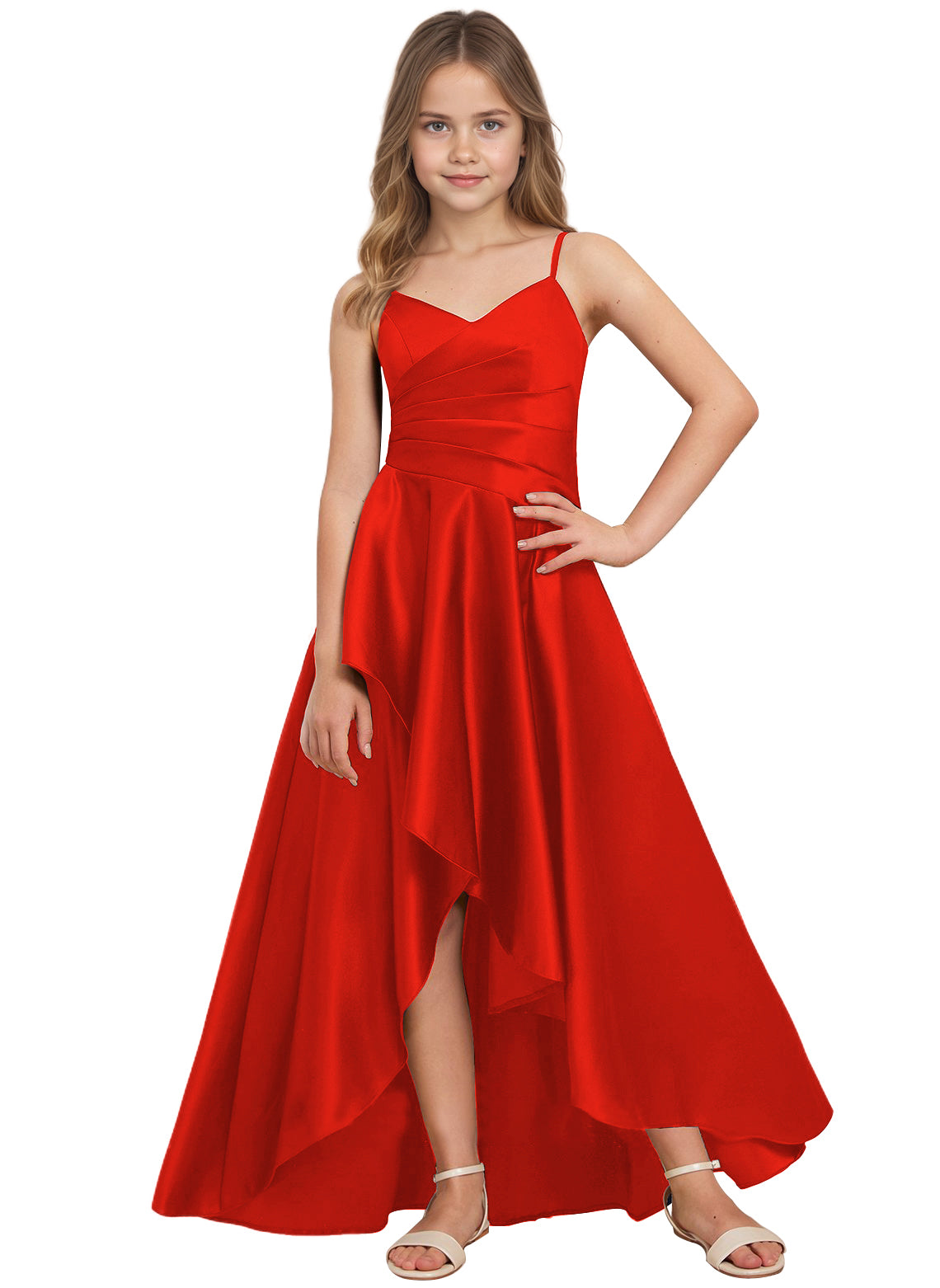 dideyttawl High Low Junior Bridesmaid Dress V-Neck Silk Satin Flower Girl Dress Sleeveless Formal Special Occasion Dress for Wedding 2523