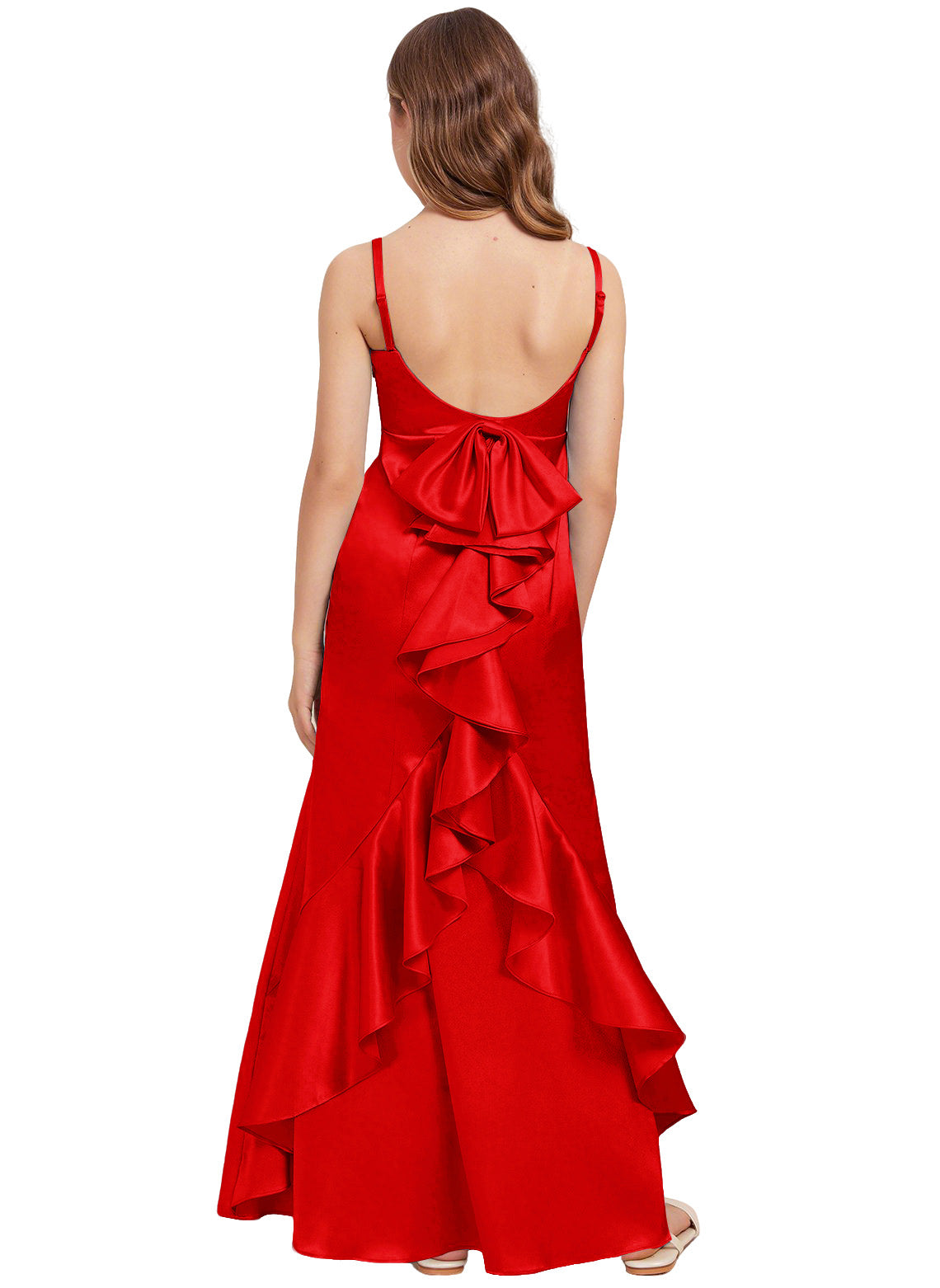 dideyttawl Mermaid Junior Bridesmaid Dress with Slit V-Neck Ruffles Bow Stretch Satin Flower Girl Dress Sleeveless Formal Special Occasion Dress for Wedding 2522