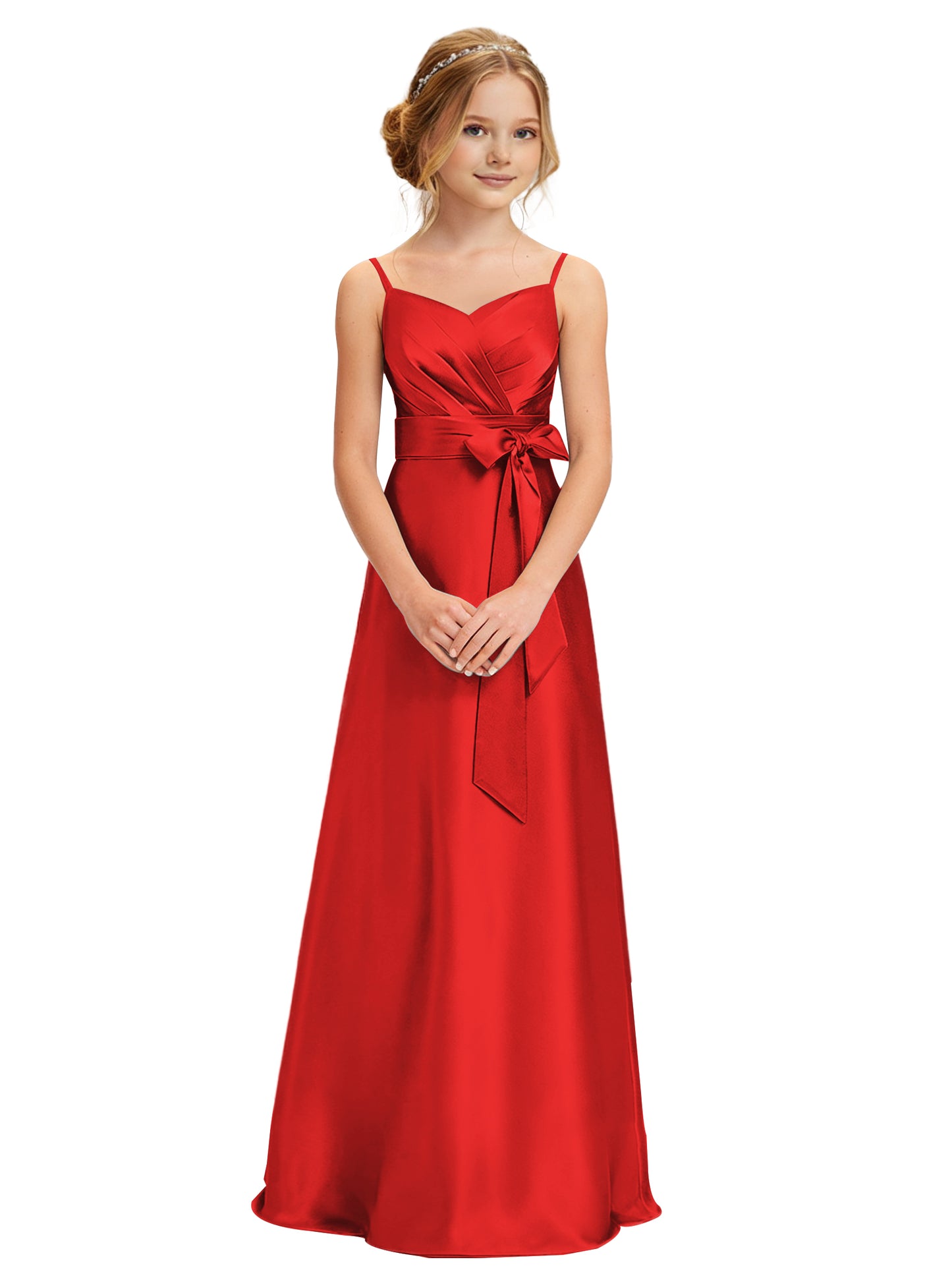dideyttawl 2026 Girls Pleated Satin Prom Dress Bow Belt Ball Gown Maxi Spaghetti Straps Junior Bridesmaid Dress 2547