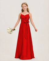 Red Satin A-line Junior Bridesmaid Dress Front View