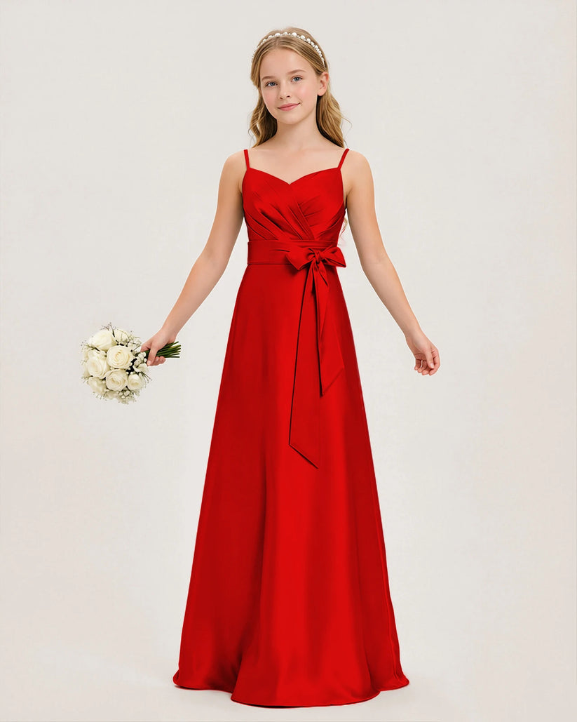 Red Satin A-line Junior Bridesmaid Dress Front View