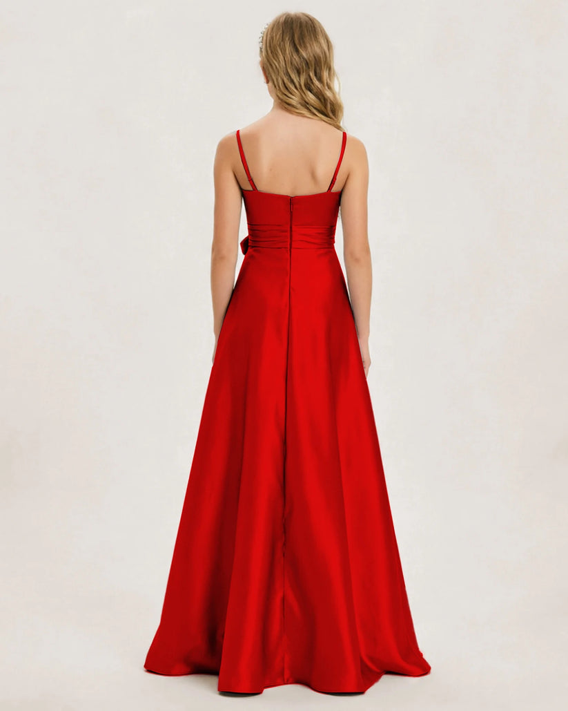 Red Satin A-line Junior Bridesmaid Dress Back View