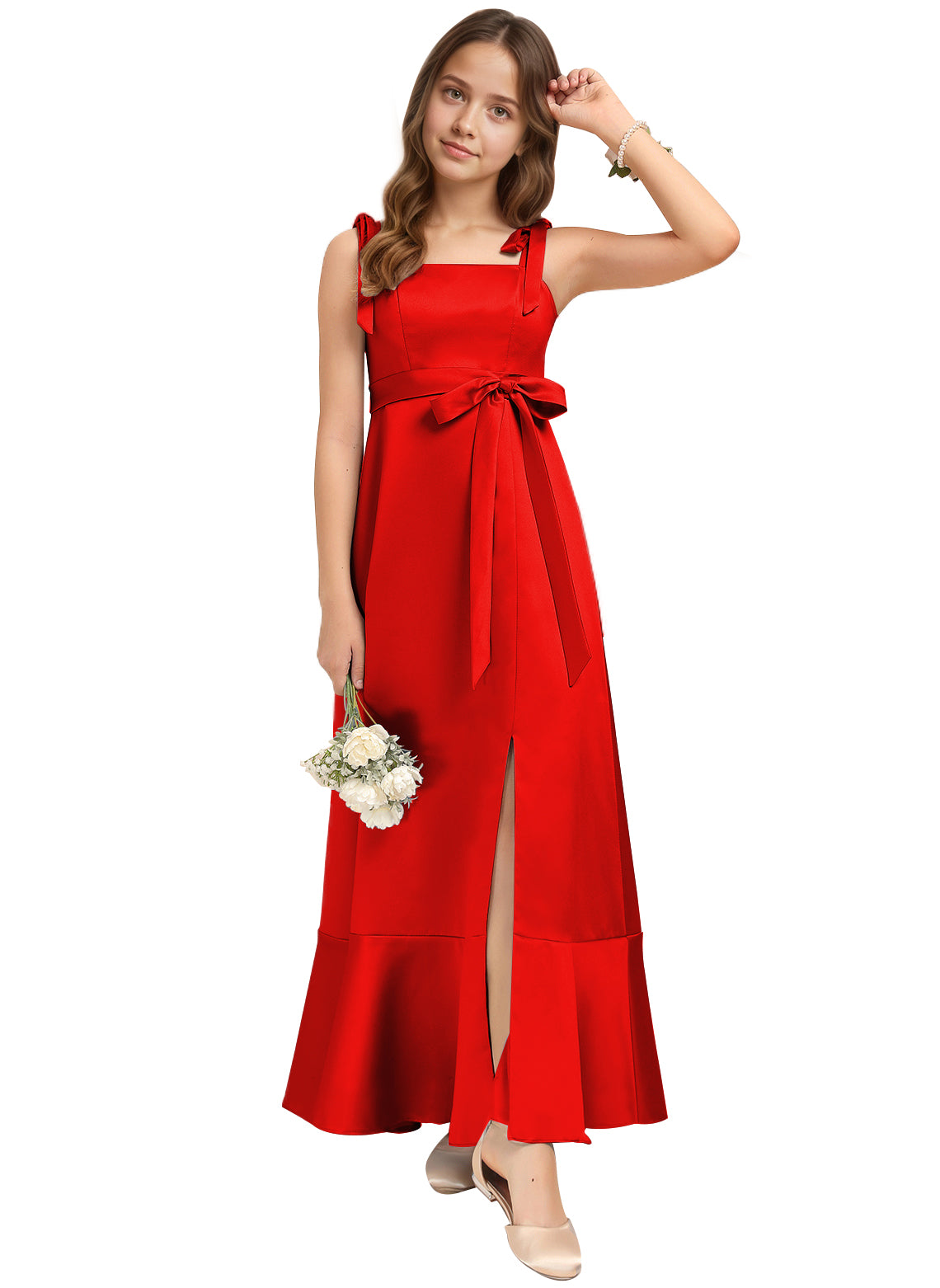 dideyttawl Junior Bridesmaid Dresses for Teens Silk Satin Adjustable Straps Flower Girl Dress with Slit 2529