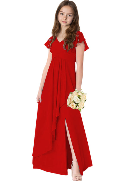 dideyttawl Chiffon Junior Bridesmaid Dresses V Neck Ruffle Sleeves Chiffon Pleated Flowy Flower Girls Dress or 4-16 2506