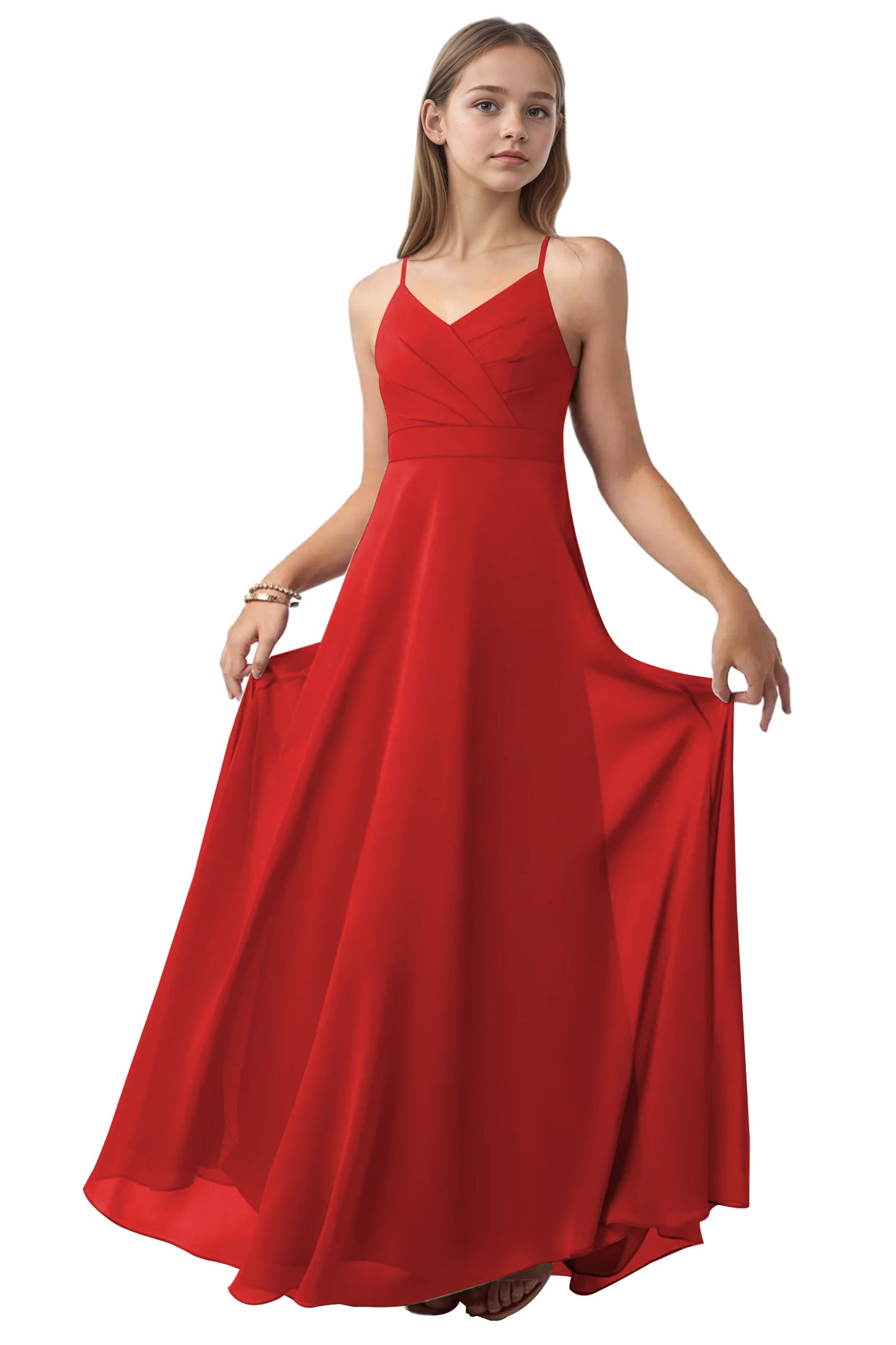 dideyttawl V-Neck Junior Bridesmaid Dress Spaghetti Straps Pleated Chiffon A-Line Flower Girl Dress 2510