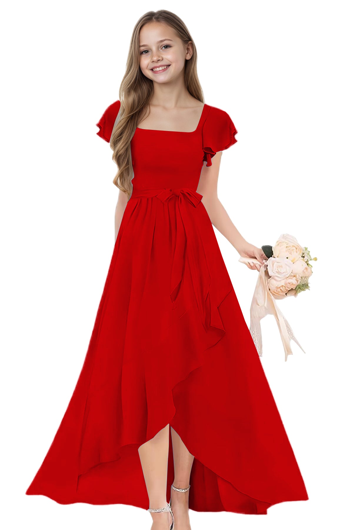 dideyttawl Long Junior Bridesmaid Dresses Ruffle Sleeve Square Neck Chiffon Flower Girl Dress for Wedding 2507