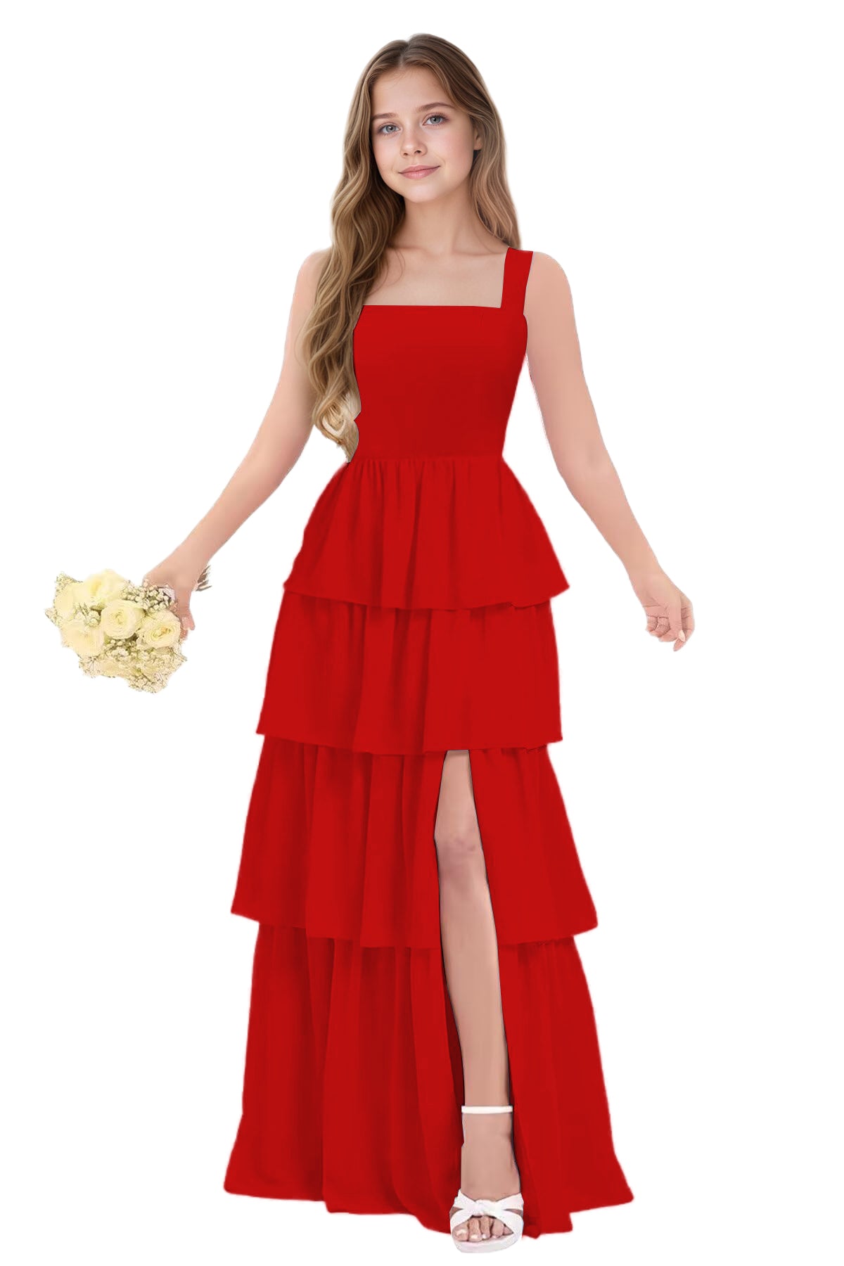 dideyttawl Junior Bridesmaid Dress Spaghetti Strap Square Neck Layered Chiffon A-Line Flower Girl Dress with Slit 2509