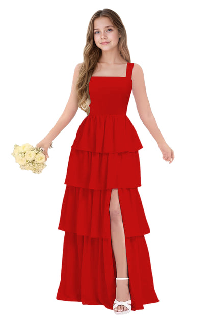 dideyttawl Junior Bridesmaid Dress Spaghetti Strap Square Neck Layered Chiffon A-Line Flower Girl Dress with Slit 2509