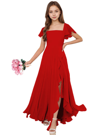 dideyttawl Junior Bridesmaid Dresses Ruffle Sleeve Square Neck Chiffon A-Line Flower Girl Dress with Slit 2508