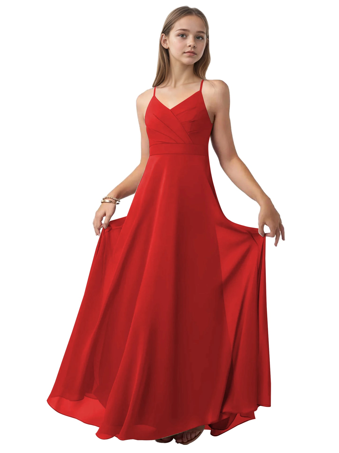 dideyttawl V-Neck Junior Bridesmaid Dress Spaghetti Straps Pleated Chiffon A-Line Flower Girl Dress 2510