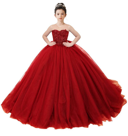 2025 Spring Embroidery Lace Appliqued Tulle Flower Girls Dress Wedding Guest Dress Puffy Princess Dress Strapless Full Length Pageant Dress