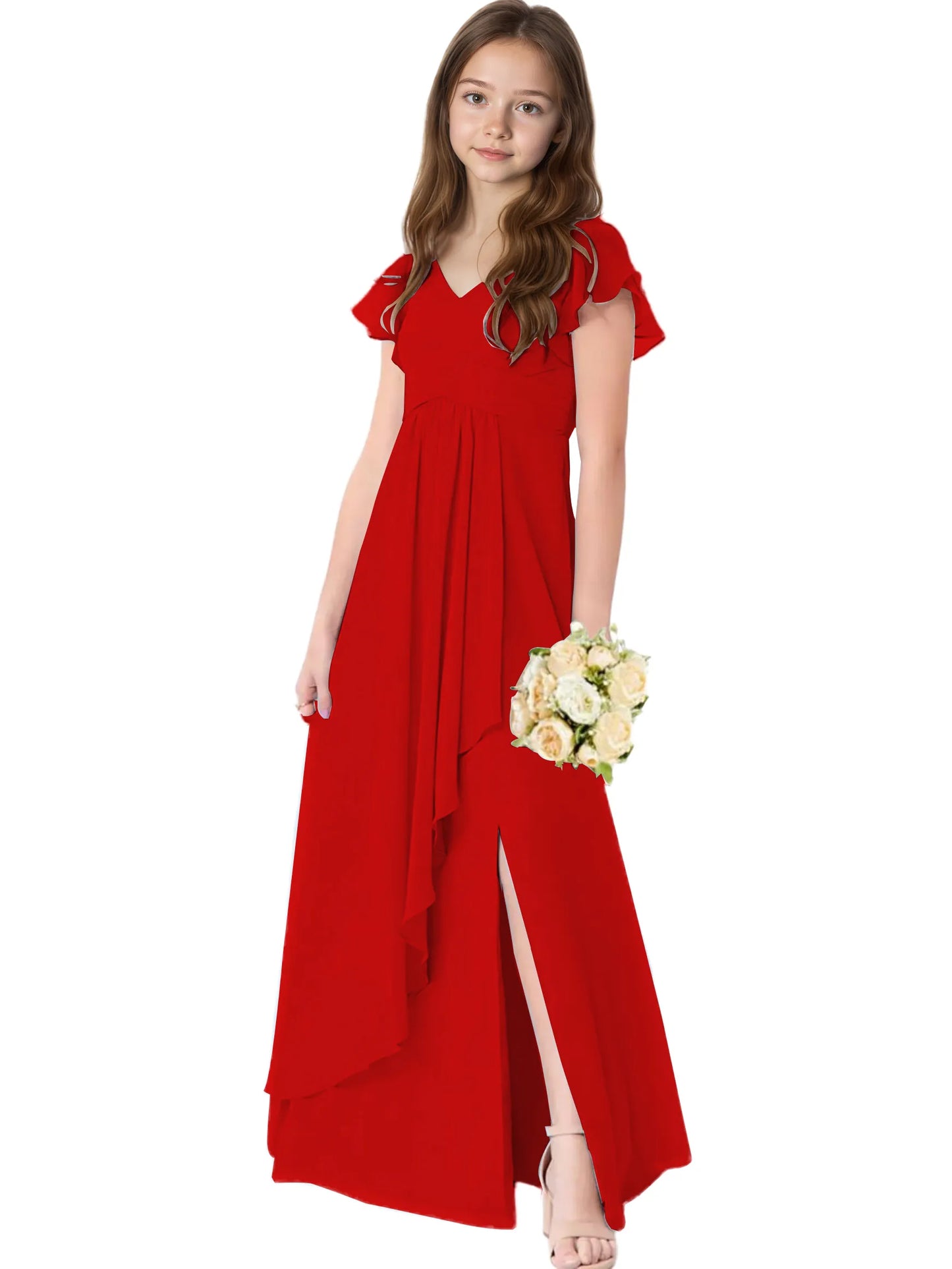Dideyttawl Chiffon Junior Bridesmaid Dresses Ruffle Sleeves Party Gown 2506
