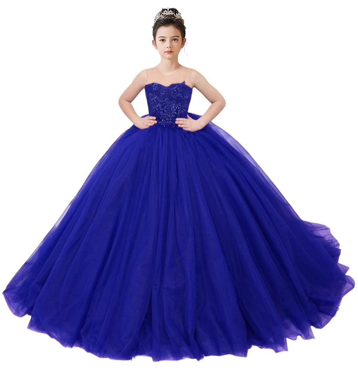2025 Spring Embroidery Lace Appliqued Tulle Flower Girls Dress Wedding Guest Dress Puffy Princess Dress Strapless Full Length Pageant Dress